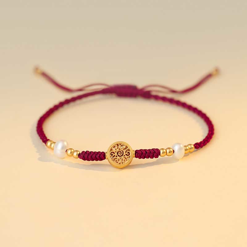 Armband Kupfer Glück Stärke mit Perlen und rotem Seidenfaden elastisch
