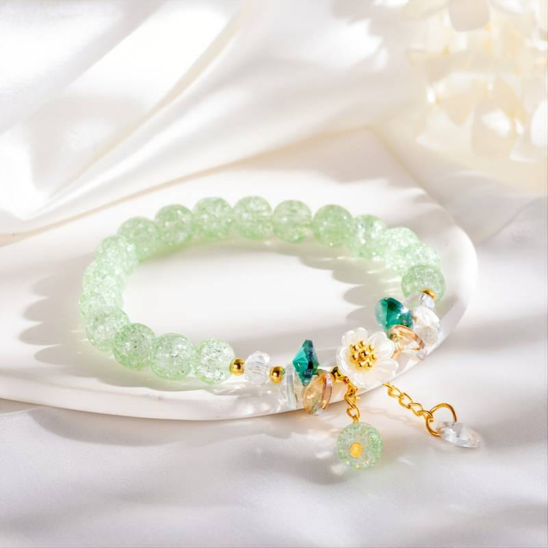 Grünes Glas Armband Blume mit Kristall Perlen elegant.