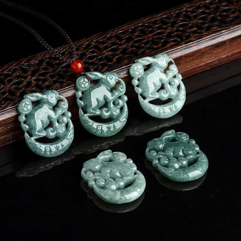 Jade Kaninchen-Mond Kette grüne Naturstein Anhänger Schmuckset Holz