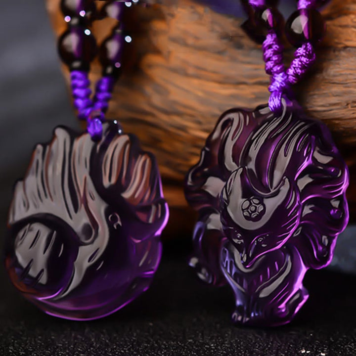 Amethyst Anhänger Kette Neunschweif-Fuchs Glück lila Schnitzerei
