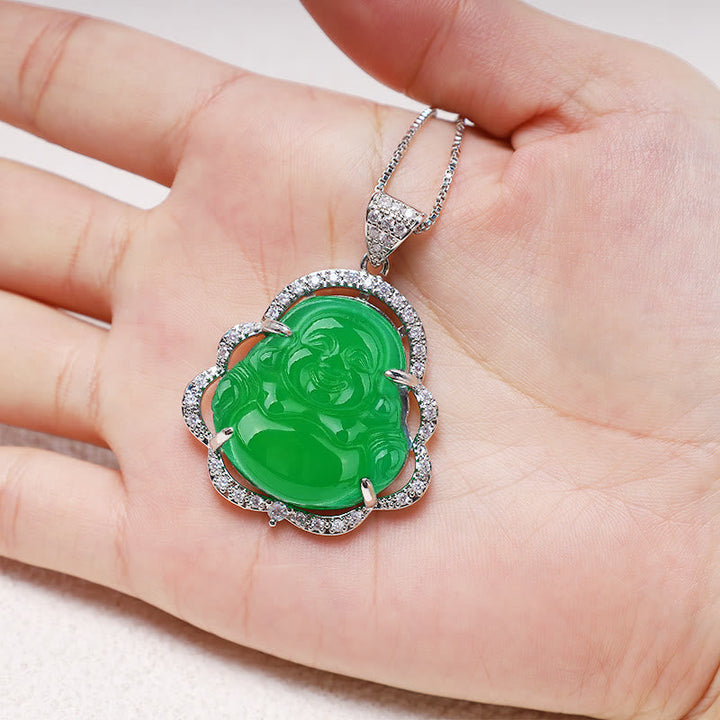 Anhänger Jade Buddha grüner Stein Diamanten Silber Halskette elegant
