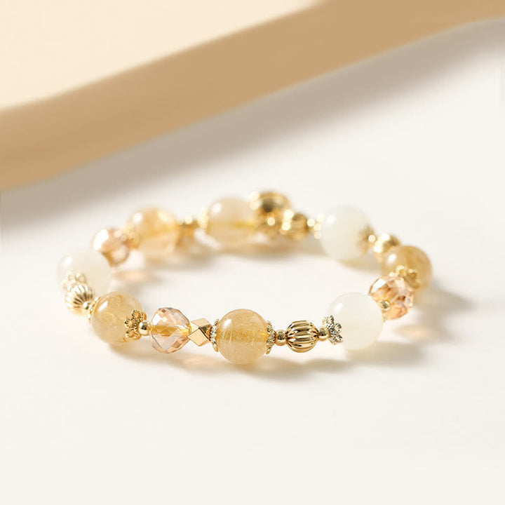 Armband – Glück & Wohlstand & Segen mit Citrin und weißen Perlen golden