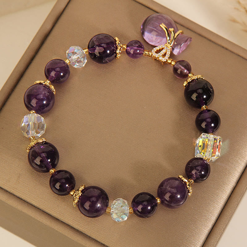 Armband Amethyst Kristall mit lila Steinen goldene Perlen elegantes Design