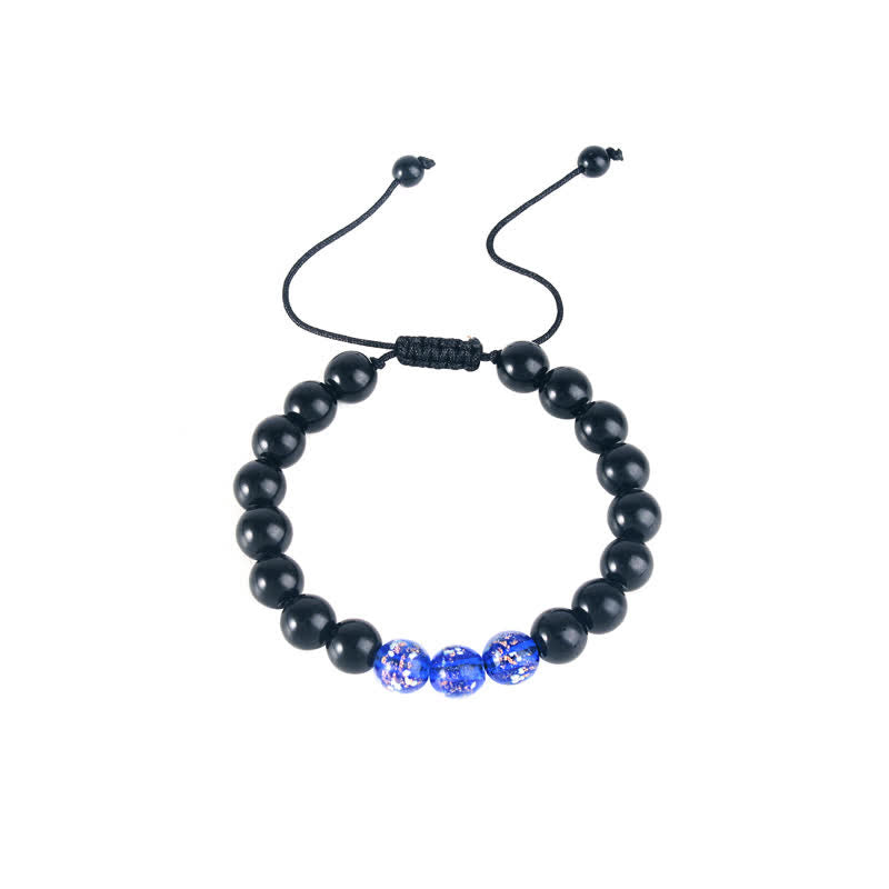 Armband Schwarzer Obsidian mit blauen Kristallperlen elastisch