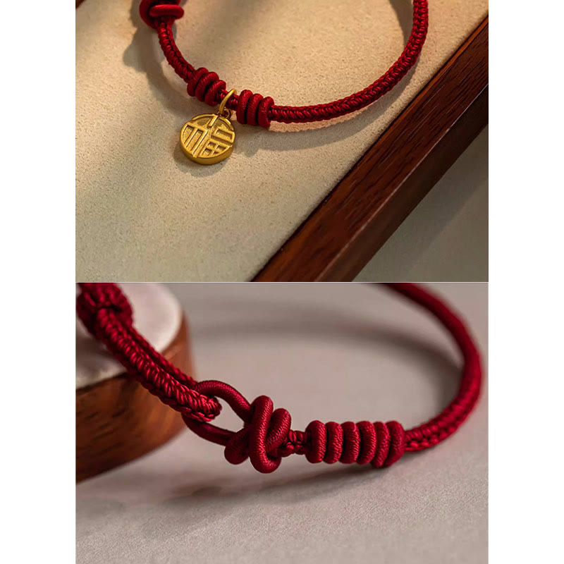 Rotes Armband Fu-Zeichen Glück Frieden goldener Anhänger elastisch