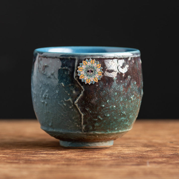 Teetasse Groß Sonnenblume Ofenglasur Keramik Blau-Grün
