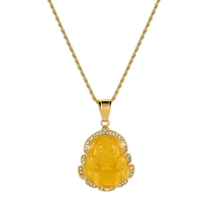 Kette Jade Buddha Lachen goldfarben Kristalle Anhänger Schmuck elegant