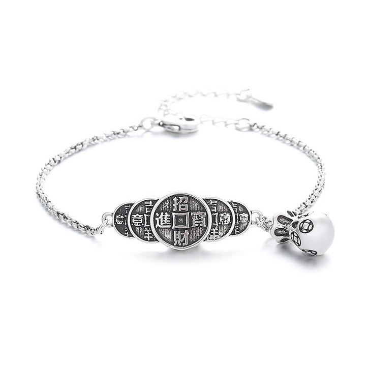 Silbernes Armband mit chinesischen Münzen Kupfer Wohlstand Segen Charm