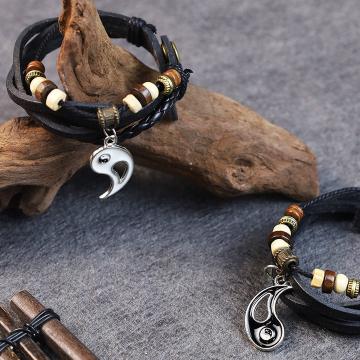 Armband Yin Yang Drachen Leder schwarz mit Holz Perlen Anhänger Balance