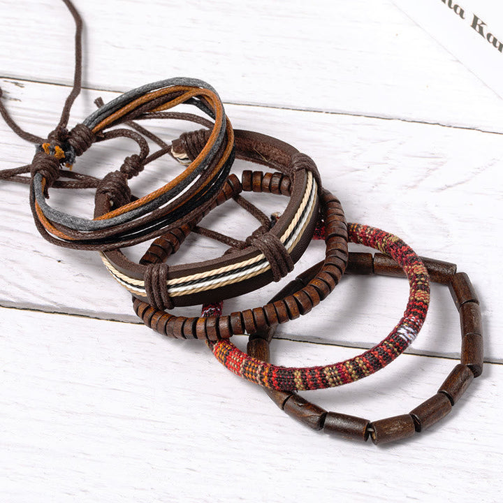 Wickelarmband Leder Holzperlen Vintage Style