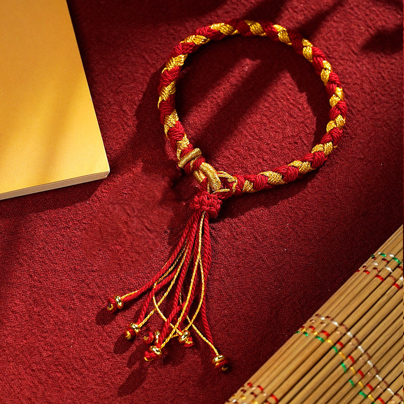 Rotes Armband Drachen – Glück & Wohlstand Energie mit goldenen Fäden.