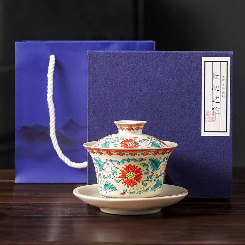 Teetassen Mit Untertassen Gaiwan Sancai Keramik Blumen mit Geschenkbox