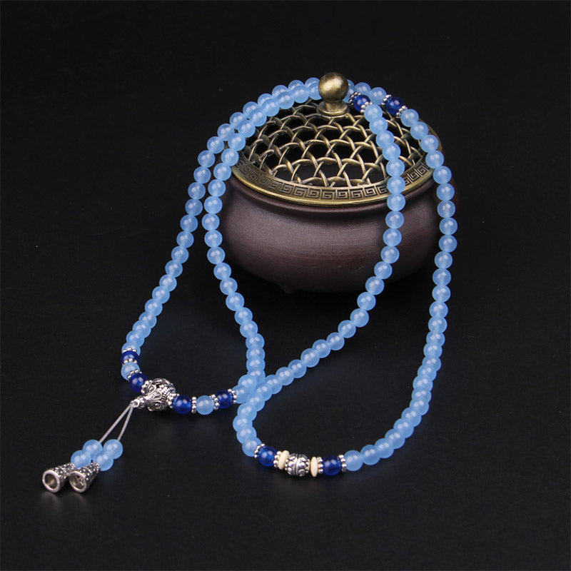 Mala 108 Perlen Kristall Blau Heilstein Halskette mit Quasten eleganz