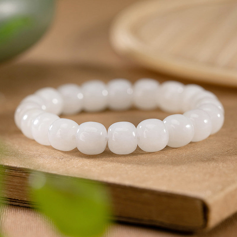 Armband Weiße Jade – Glück & Segen, elastisches Perlenarmband aus weißem Naturstein
