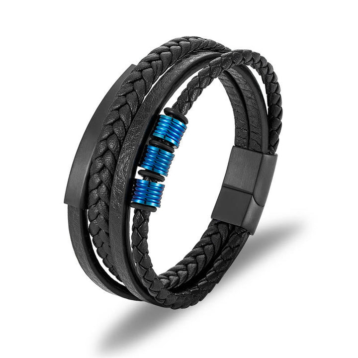 Schwarzes geflochtenes Lederarmband mit blauen Magnetverschluss elegant.