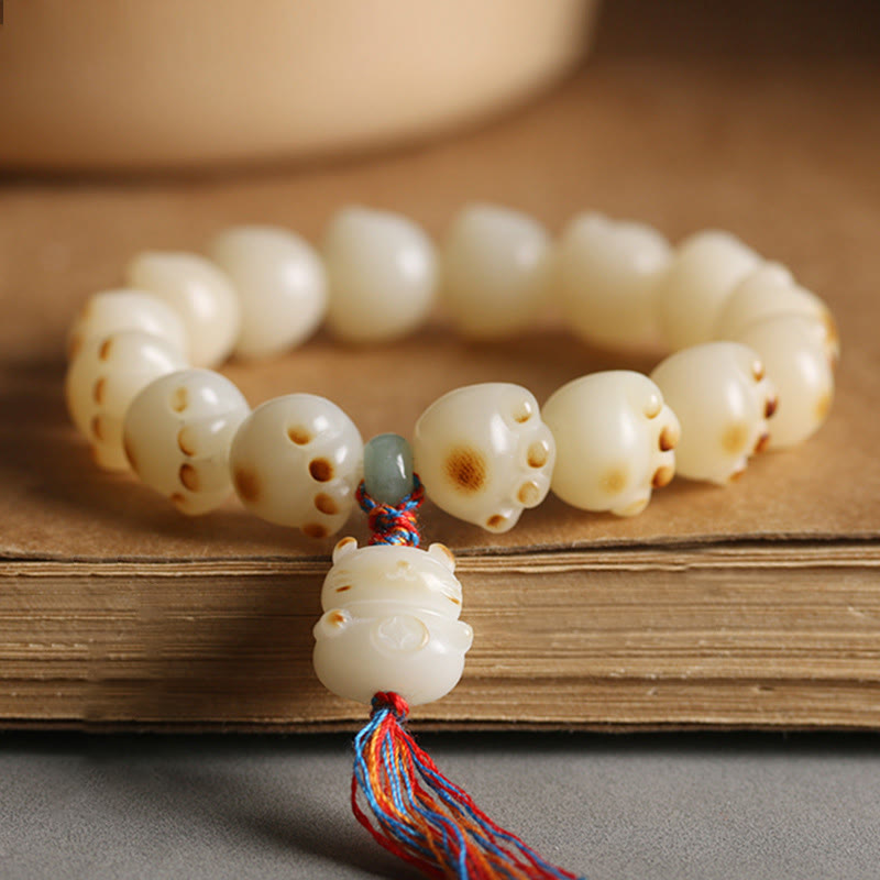 Bodhi Katze Armband mit Quasten, cremefarbene Perlen Glück Harmonie