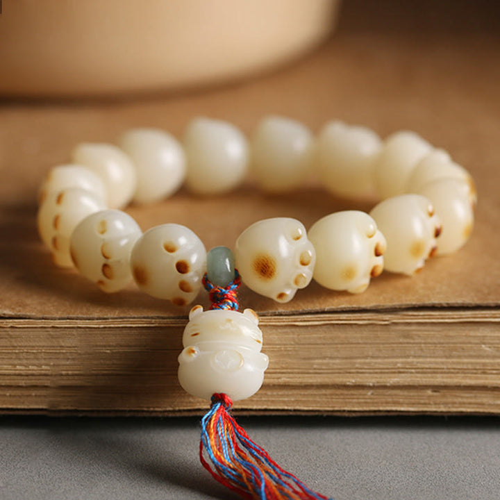 Bodhi Katze Armband mit Quasten, cremefarbene Perlen Glück Harmonie
