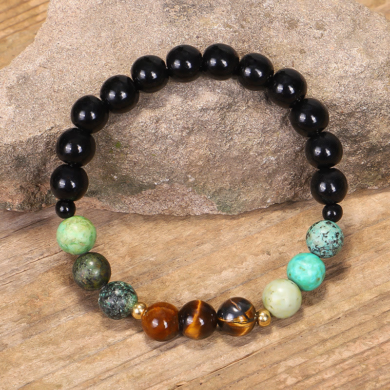 Mala Tigerauge Türkis Armband schwarze Obsidian Perlen Naturstein elastisch