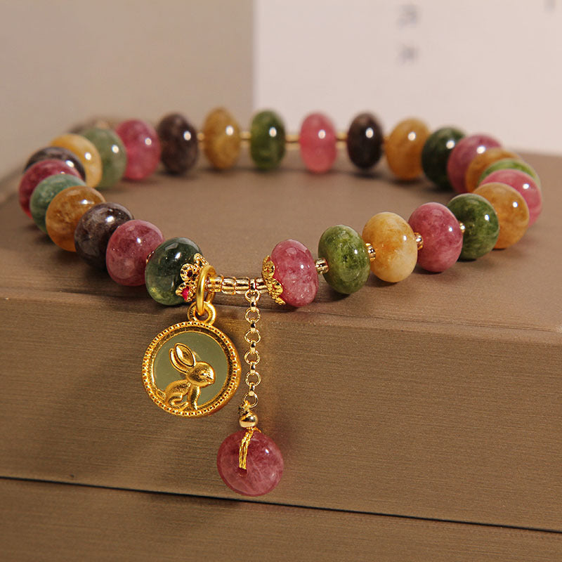 Armband Bunt Tourmaline Hase Naturstein elastisch mehrfarbig Anhänger