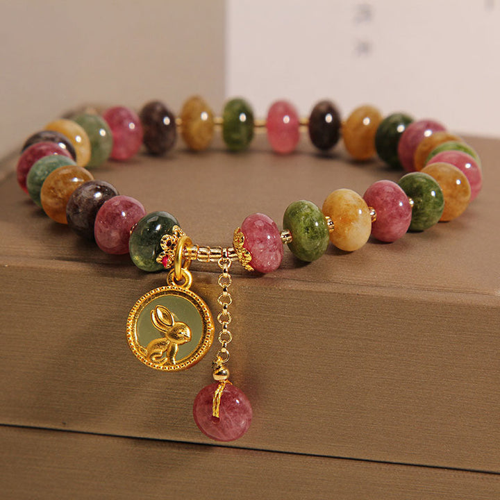 Armband Bunt Tourmaline Hase Naturstein elastisch mehrfarbig Anhänger