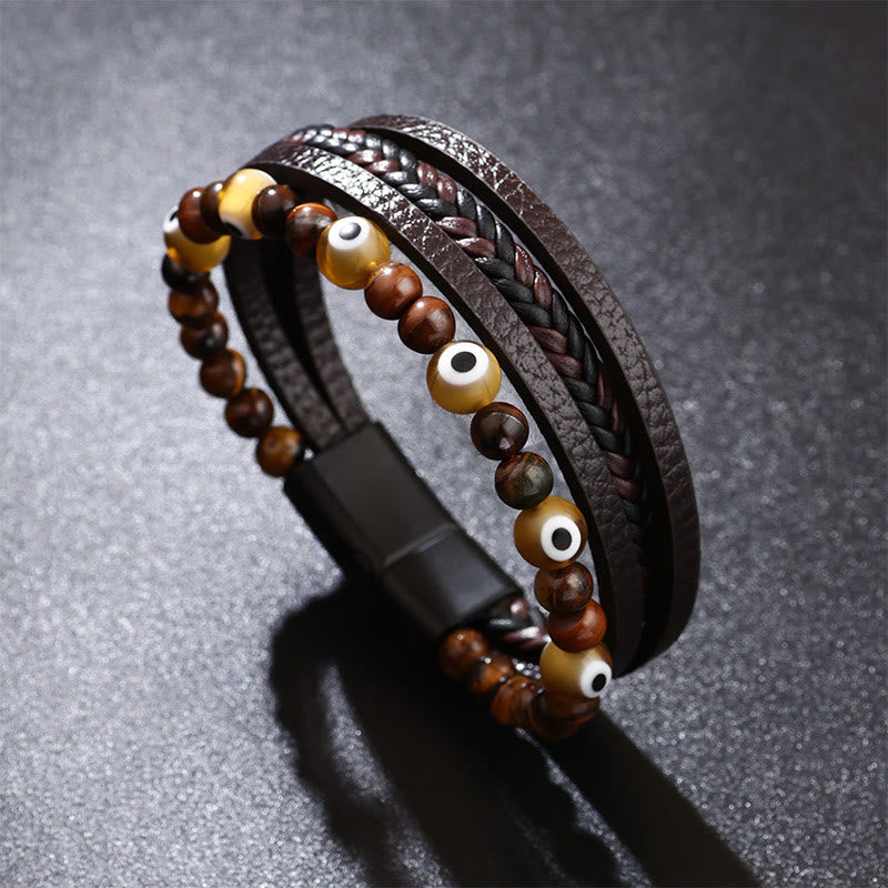 Armband Tigerauge Böses Auge Schutz braun Leder gewickelt Handgelenk getragen