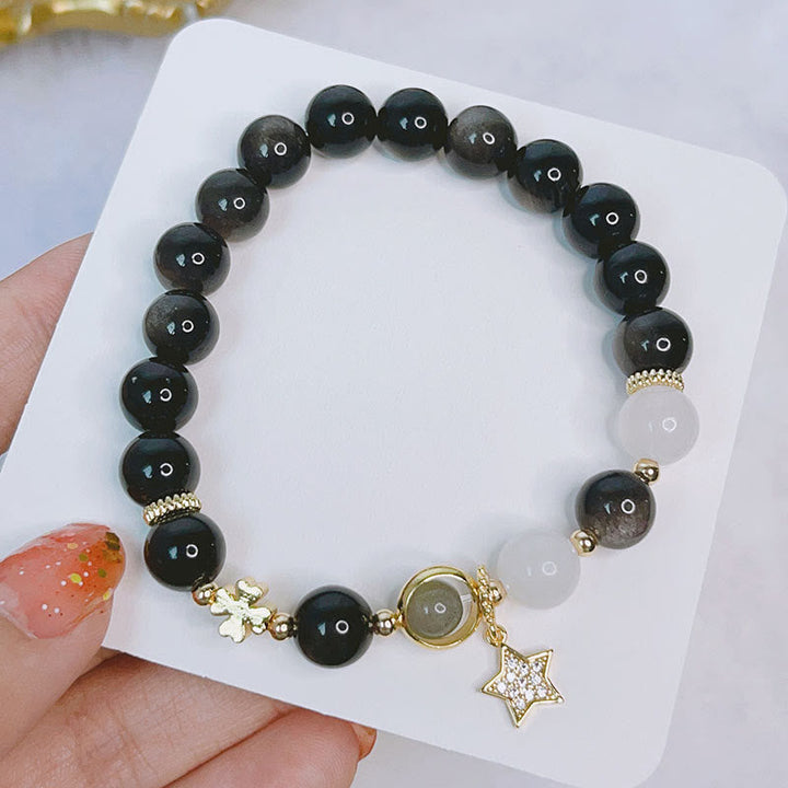 Schwarzes Obsidian Armband Silber Stern Schutz Liebe elastisch Naturstein
