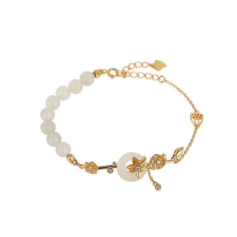 Armband 925 Silber Jade Lotus Glück Frieden weiß gold elegant
