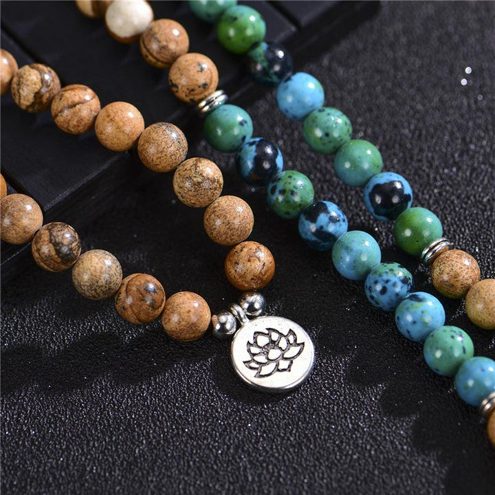 Mala 108 Perlen Mehrschichtig – Heilung Armband Holz blau grün Lotus.