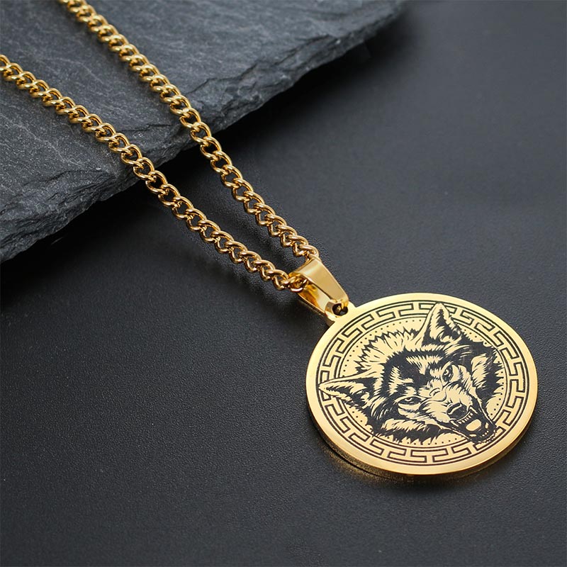 Kette Titanstahl Tier-Amulett Schutz Wolf gold Medaillon
