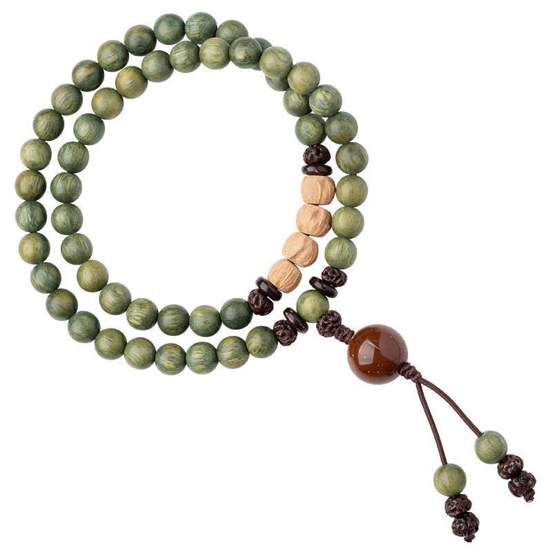 Armband Sandelholz – Frieden grüne Perlen Naturstein elastisch getragen