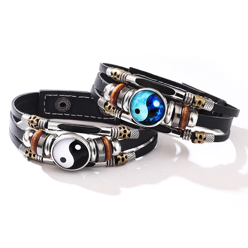 Armband Yin Yang – Balance Energie schwarzes Leder Naturstein