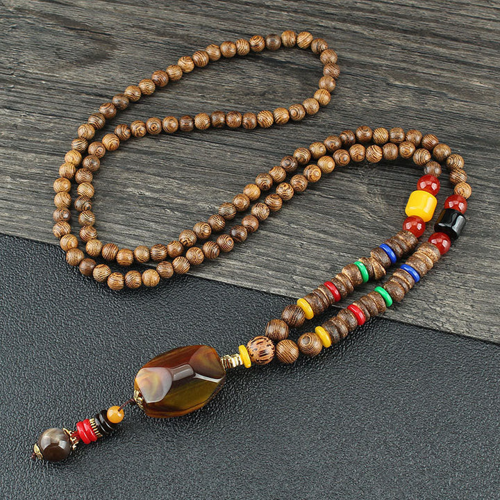 Anhänger Kette Tibetischer Bodhi Achat Harmonie Holzperlen