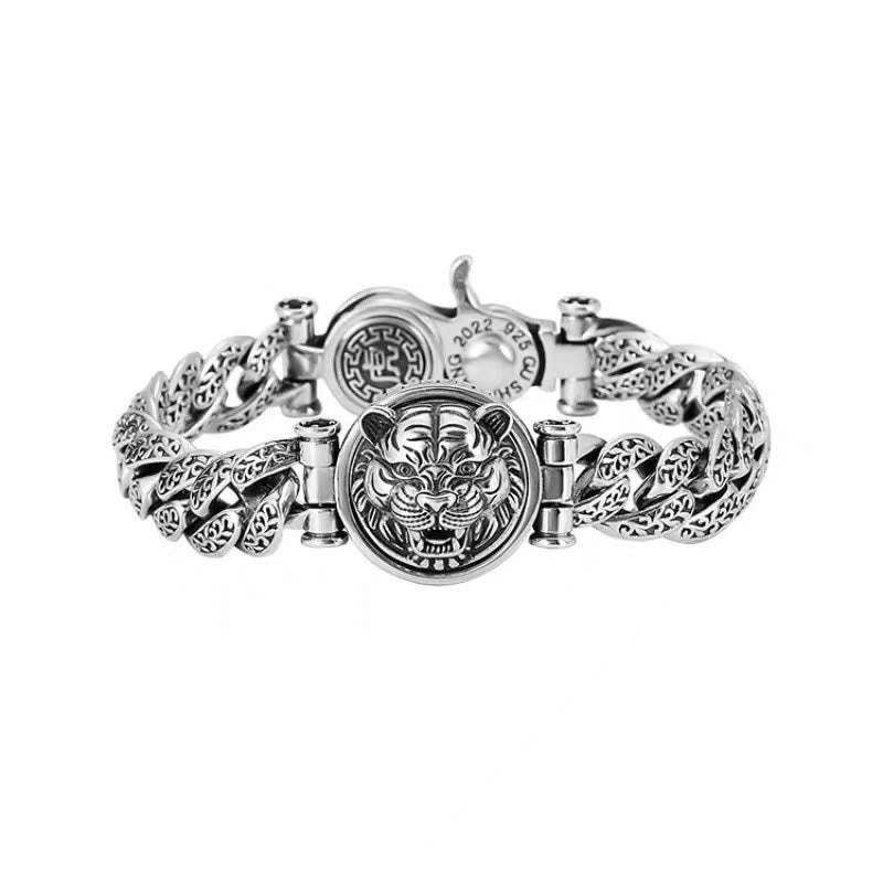Silbernes Armband mit Tiger-Motiv, filigrane Kettenglieder, Glück & Energie.