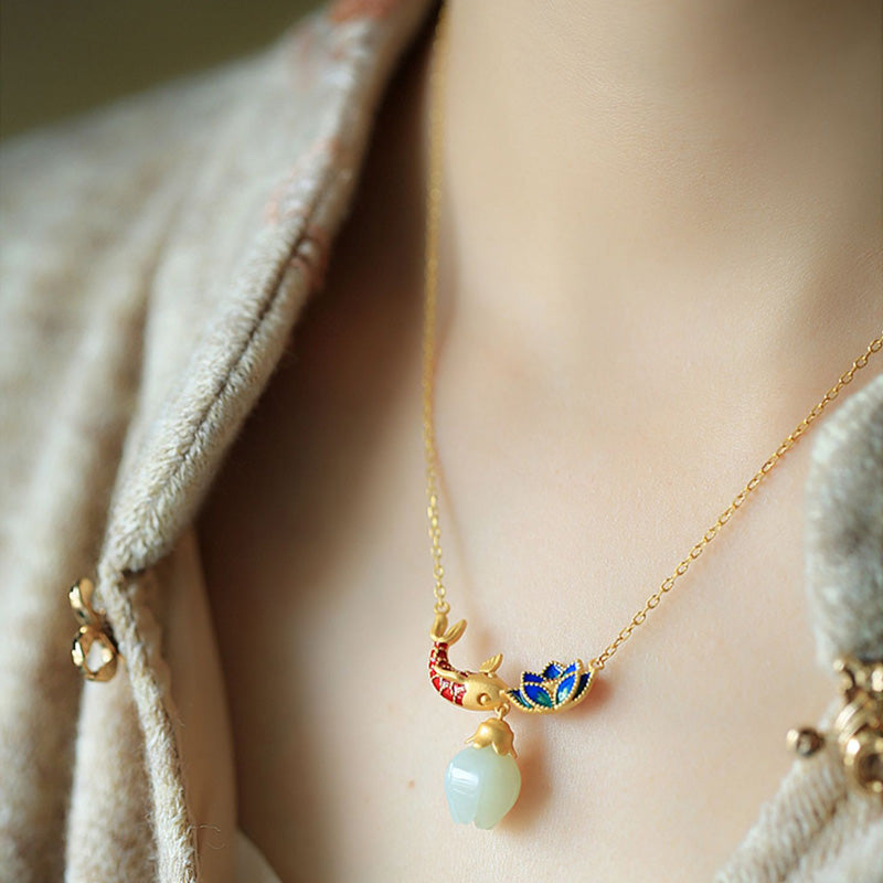 Anhänger Kette Jade Koi Lotus Kupfer Schutz
