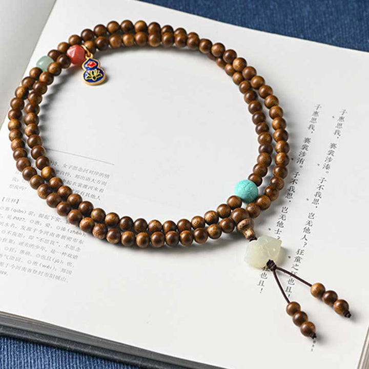 Mala Rosenholz Armband mit Türkis und Jade Anhänger Schutz.