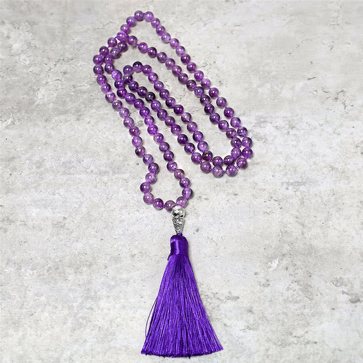 Mala Tibet 108 Perlen Amethyst violett Quaste Meditationskette Naturstein