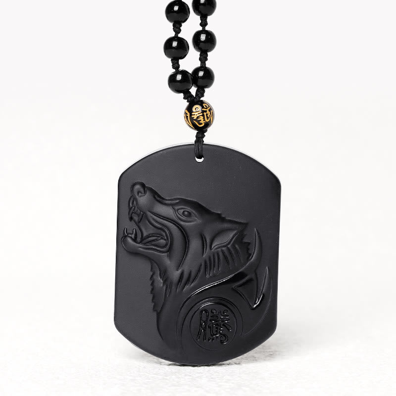 Schwarzer Obsidian Anhänger Wolf mit Perlenkette Naturstein Schmuck