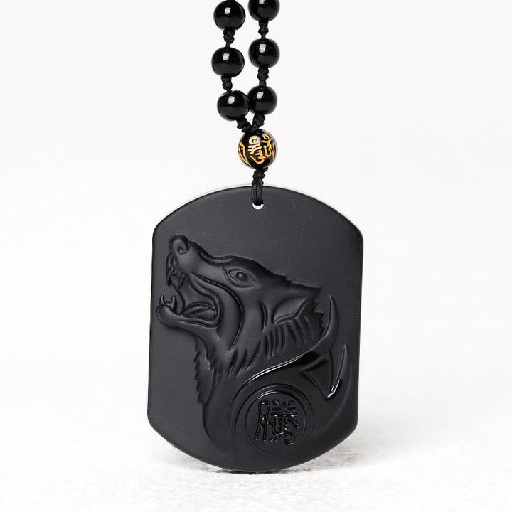 Schwarzer Obsidian Anhänger Wolf mit Perlenkette Naturstein Schmuck