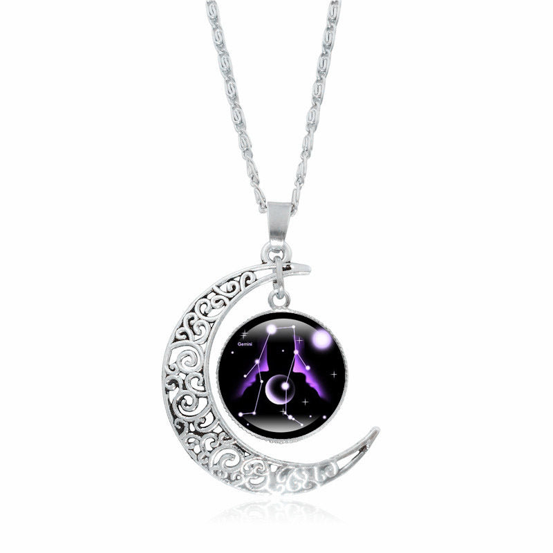 Obsidian Kette Sternzeichen Mond Anhänger silbern schwarzer Stein