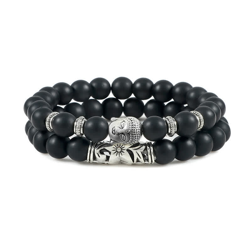 Schwarzes Achat Armband mit silbernem Buddha Kopf Anhänger elastisch