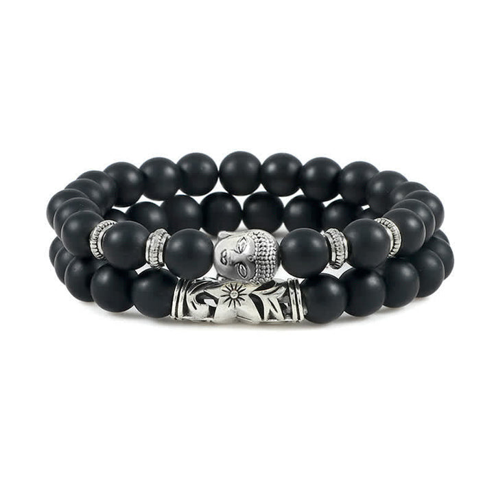 Schwarzes Achat Armband mit silbernem Buddha Kopf Anhänger elastisch