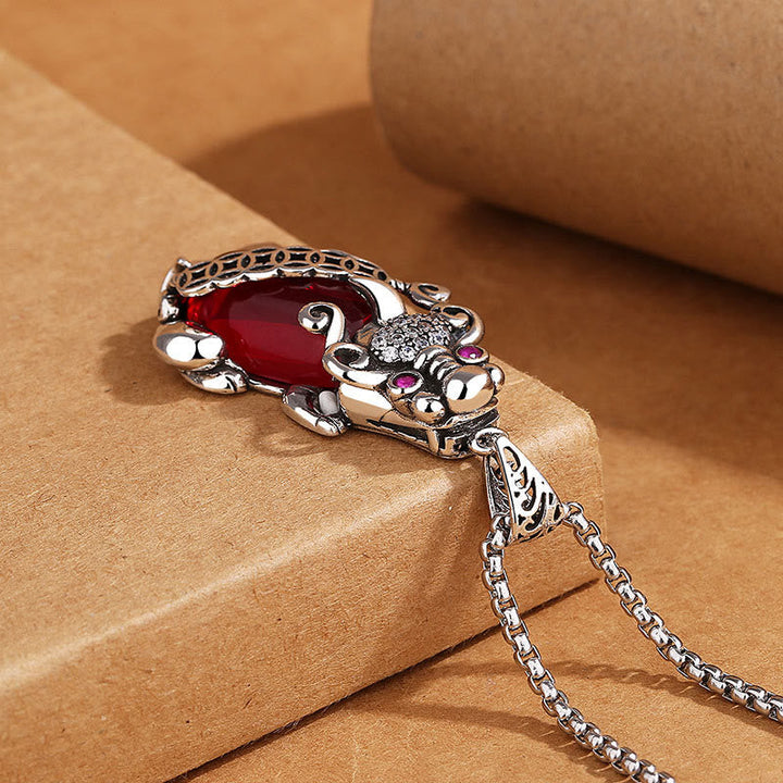 Kette Pixiu Granat Glücksbringer Amulett Silber