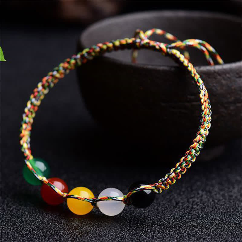 Armband Achat Fünf Elemente bunte Perlen elastisches Textilband traditionell.