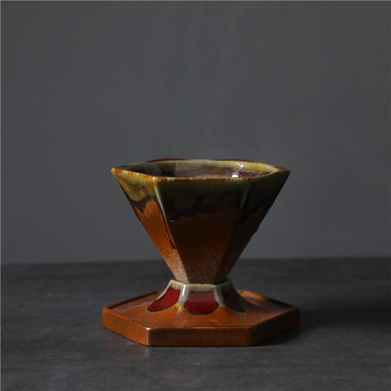 Japanische Teetasse Sechseck Keramik Untersetzer Khaki Rot
