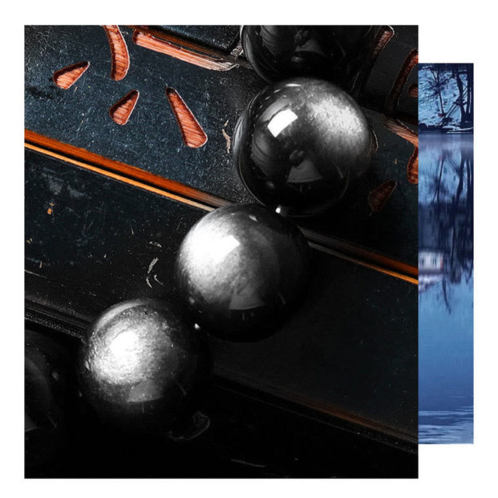 Armband Silber Obsidian – Schutz schwarze Kugeln Flachaufnahme Naturstein