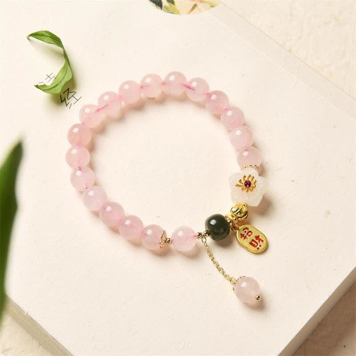 Roséquarz Armband Kristall Jade – Liebe mit goldenen Charms