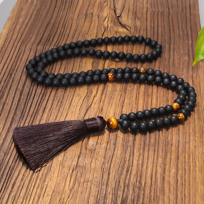 Mala 108 Perlen Tigerauge Balance schwarze Perlen Quaste Holz