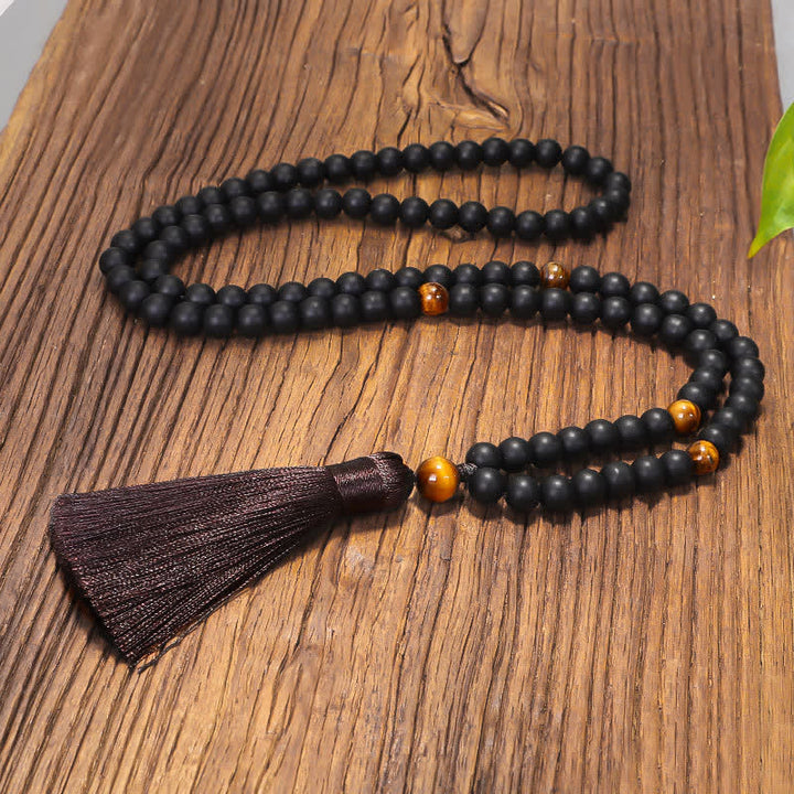 Mala 108 Perlen Tigerauge Balance schwarze Perlen Quaste Holz