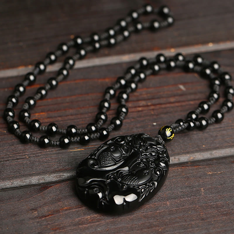 Schwarze Obsidian Kette, Koi-fische Perlen, Anhänger