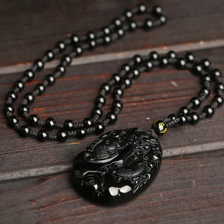 Schwarze Obsidian Kette, Koi-fische Perlen, Anhänger